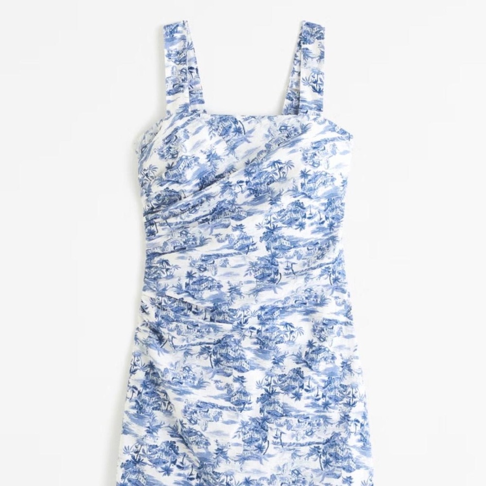 Linen-Blend Ruched Squareneck Mini Dress - BLUE TOILE LARGE